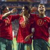 Nuno Gomes, Rui Costa e Cristiano Ronaldo a festejar um golo na seleção nacional