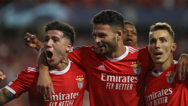 enzo, gonçalo ramos e grimaldo festejam golo do SL Benfica na Liga dos Campeões