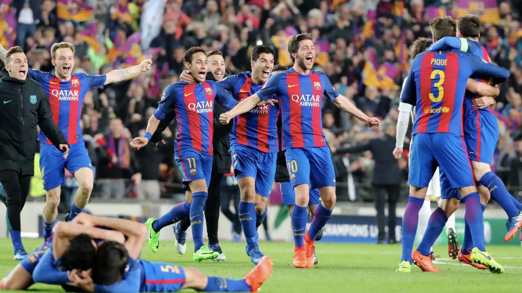festejos da equipa do Barcelona após uma vitória épica na Liga dos campeões